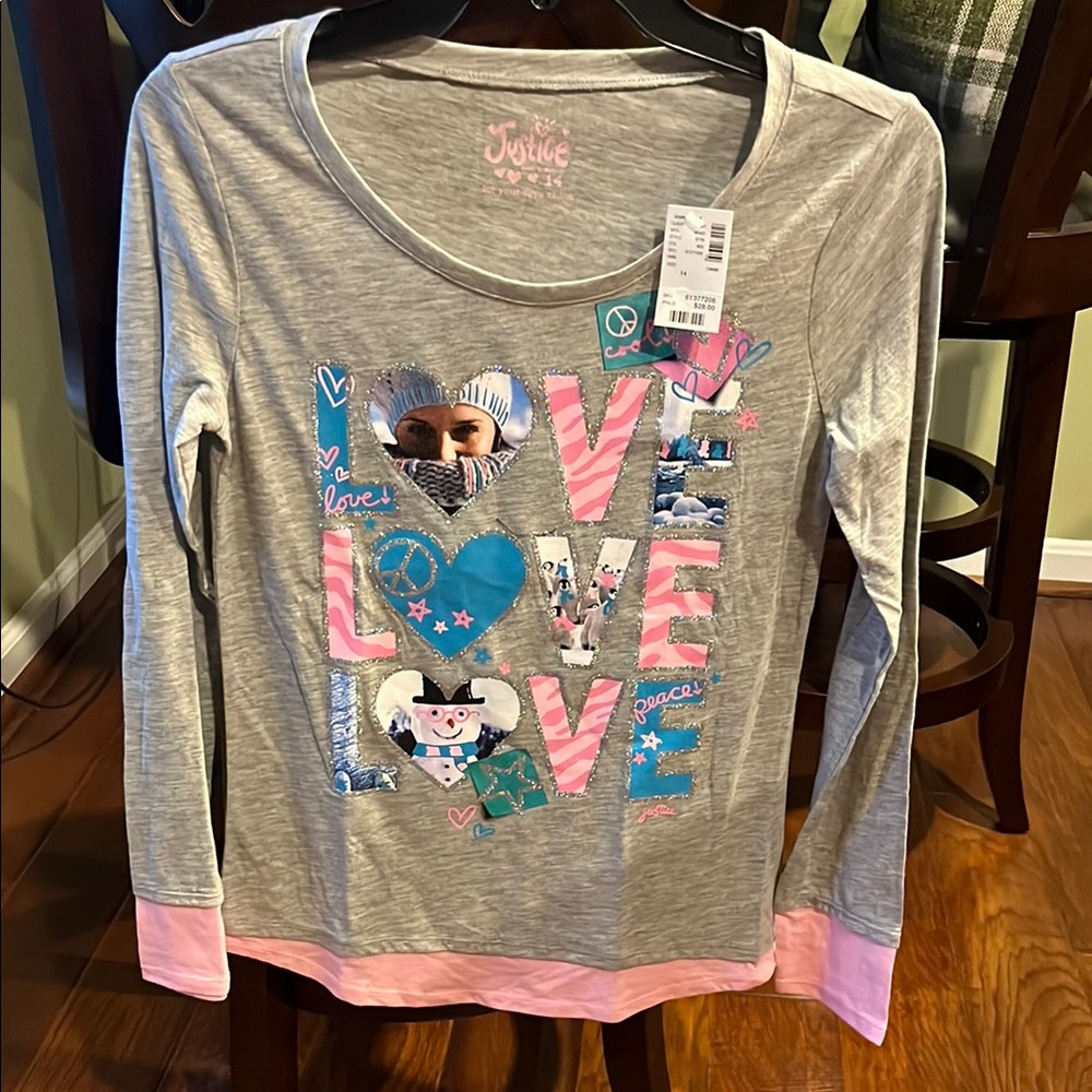NWT Girl’s Justice Gray, Pink, & Blue LOVE Graphic Long Sleeve Tshirt. Size 14.
